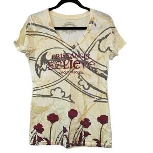Criss Angel Believe V Neck Graphic Short Sleeve Tie Dye Tee Shirt